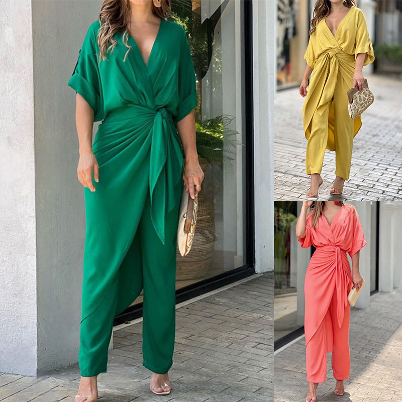 2026 New Spring Women's Clothing European And American Cross-Border Fashion Casual Bat Sleeve Solid Color Straight Pants_ecoleips.com