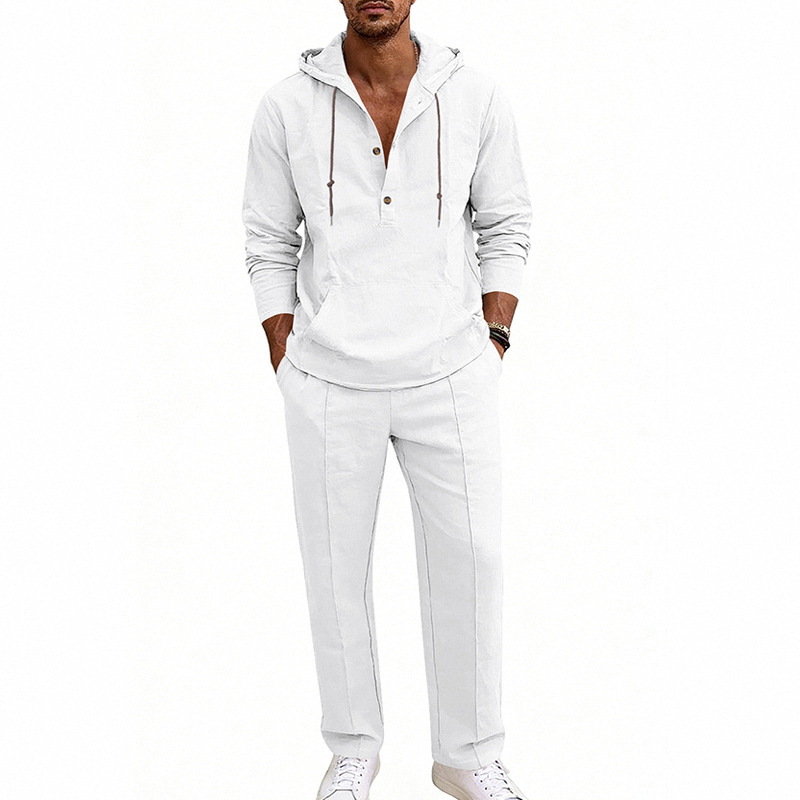 Completo da uomo in lino con cappuccio e pantaloni, vestibilità ampia, stile americano, casual, per vacanze e tempo libero, maniche lunghe._voghion.com
