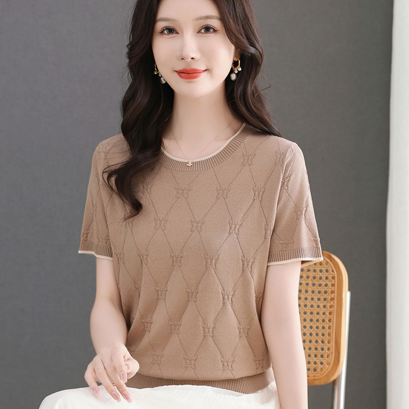2025 New Round Neck T-Shirt Thin Ladieswear's Day Mother's Wear Loose Slimming Look Summer Ice Silk Shirt Women's Top 2025 New Round Neck T-Shirt Thin Ladieswear's Day Mother's Wear Loose Slimming Look Summer Ice Silk Shirt Women's Top
