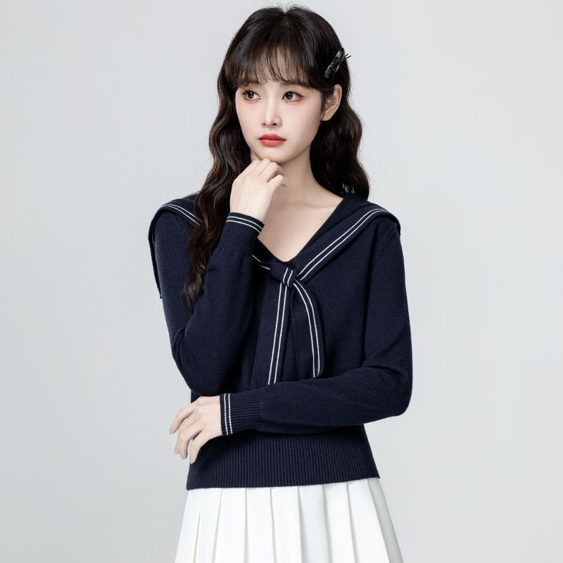 Navy Blue Navy Collar Long-Sleeved Knitwear for Women Spring and Autumn 2026 New Autumn Style Shawl V-Neck Knitwear Short Top