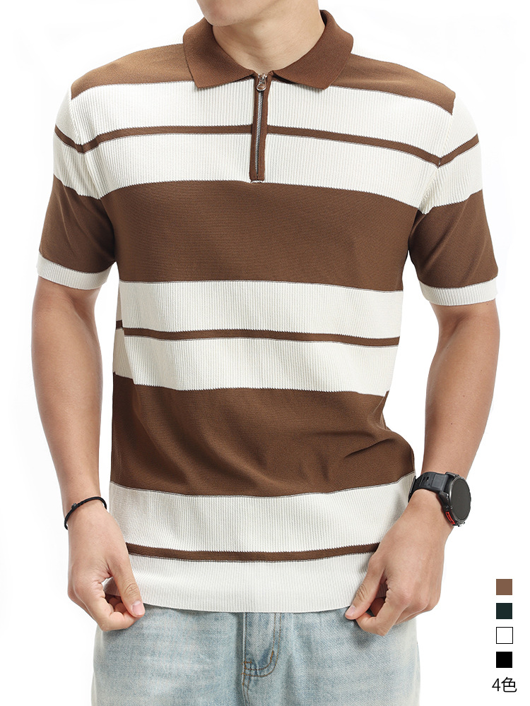 Lujo ligero viejo estilo de dinero para hombres a rayas de punto polo de seda de hielo para hombres mangas cortas de negocios casual solapa de alta calidad ropa de hombre