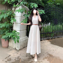 大码短袖连衣裙女夏季收腰显瘦A字气质长裙胖MM小众高级感V领裙子