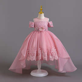 跨境新款礼服裙半袖拖尾裙中大童高端走秀钢琴表演礼服Kids Dress