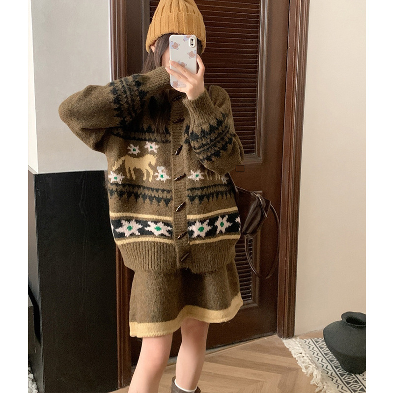 复古费尔岛毛衣开衫女套装秋冬新款提花针织开衫洋气半身裙两件套|undefined