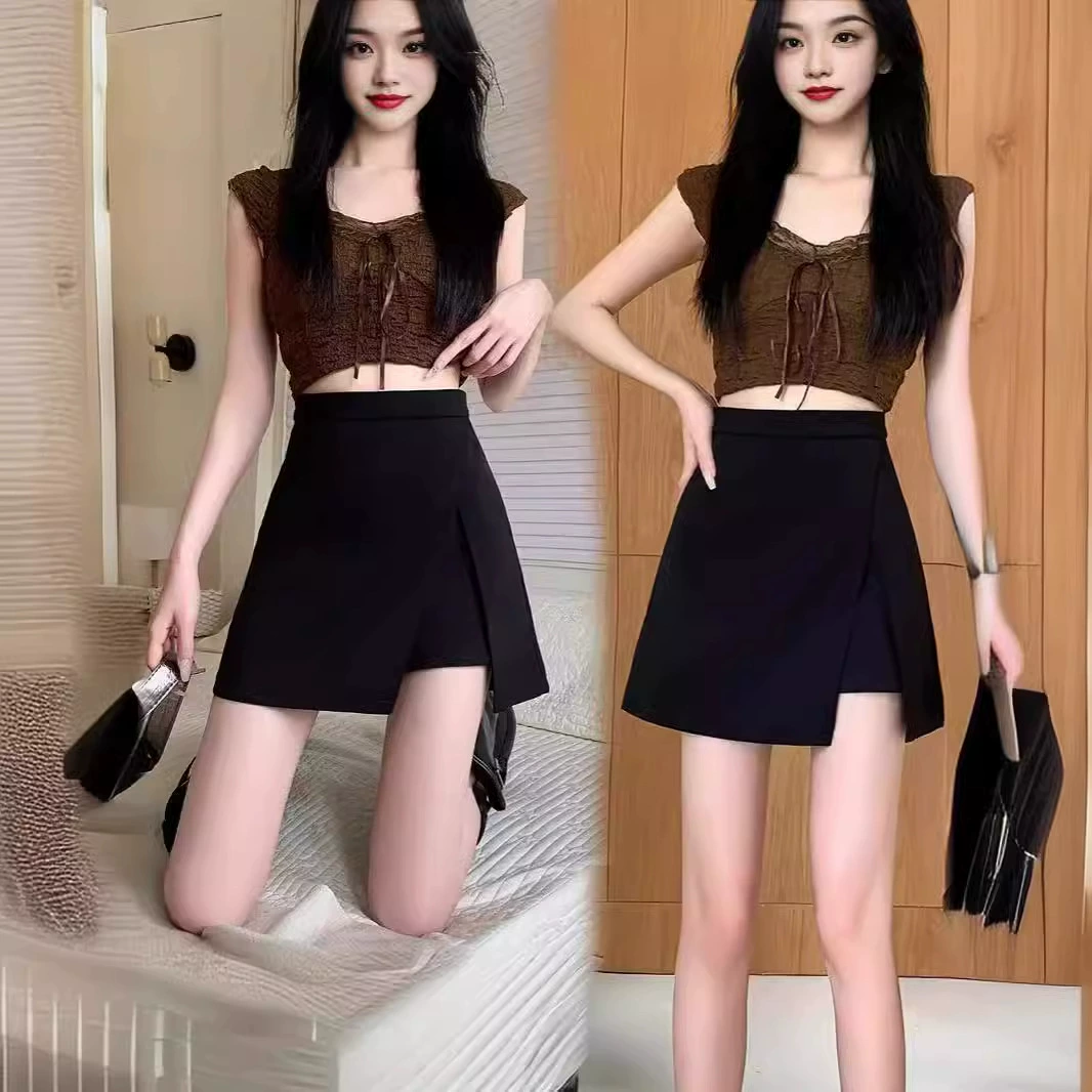 Summer black suit, skirt, mini-skirt, high waist, A-line