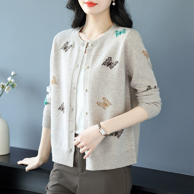 Женский кардиган из чистой шерсти, новинка весны и осени 2025 года, трикотажная верхняя одежда для женщин среднего возраста, стильные свитера-жакеты