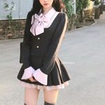 （下内里）短裙秋季收腰显瘦学院风设计感拼接领蝴蝶结连衣裙