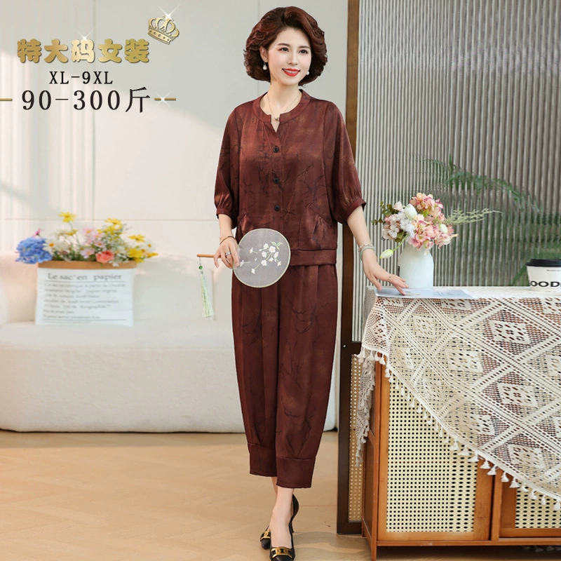 2025 новый летний комплект женской одежды для женщин среднего и пожилого возраста, состоящий из двух частей: футболка с короткими рукавами и брюки, классический размер плюс.