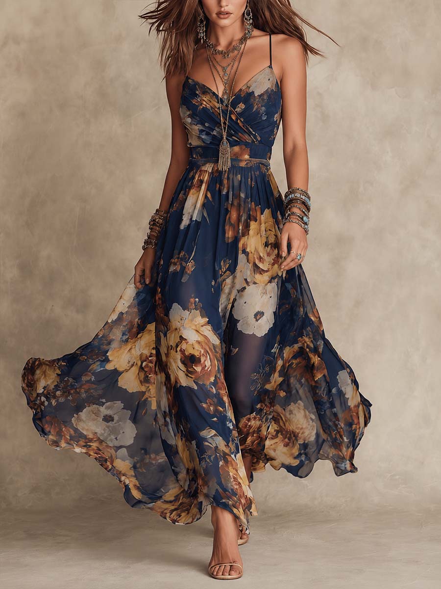 2026 Navy Blue Oil Painting Floral Pattern Fine Strap V-Neck Waist-Cinching Large Hem Flowing Chiffon Vacation Long Dress