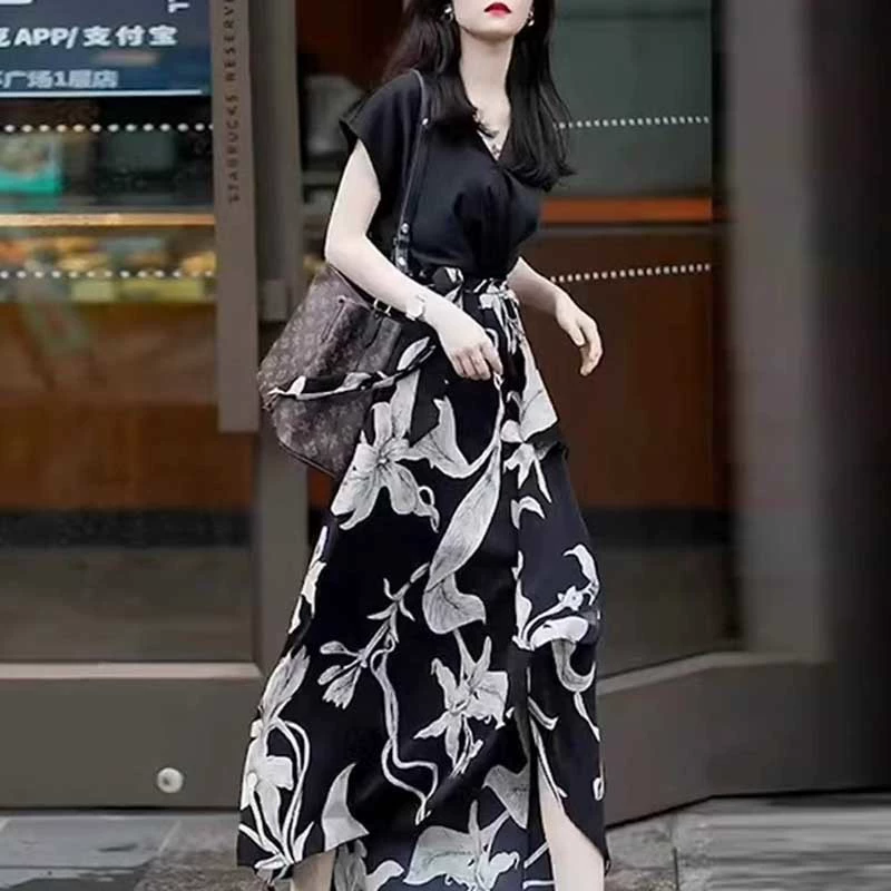 Летнее элегантное платье-миди с цветочным принтом, имитация двух частей, в стиле знаменитостей, стройнящее, новое, 2025 года.
