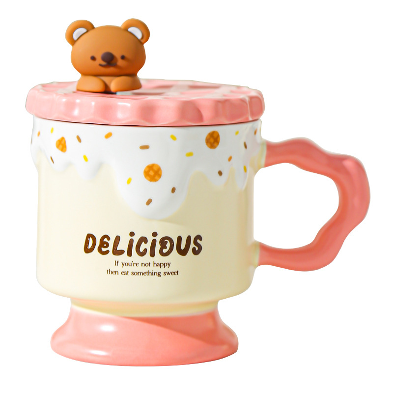 Caricatura dulce oso galletas tazas de cerámica con tapa de alta calidad de la oficina taza de agua regalo de mano taza de regalo