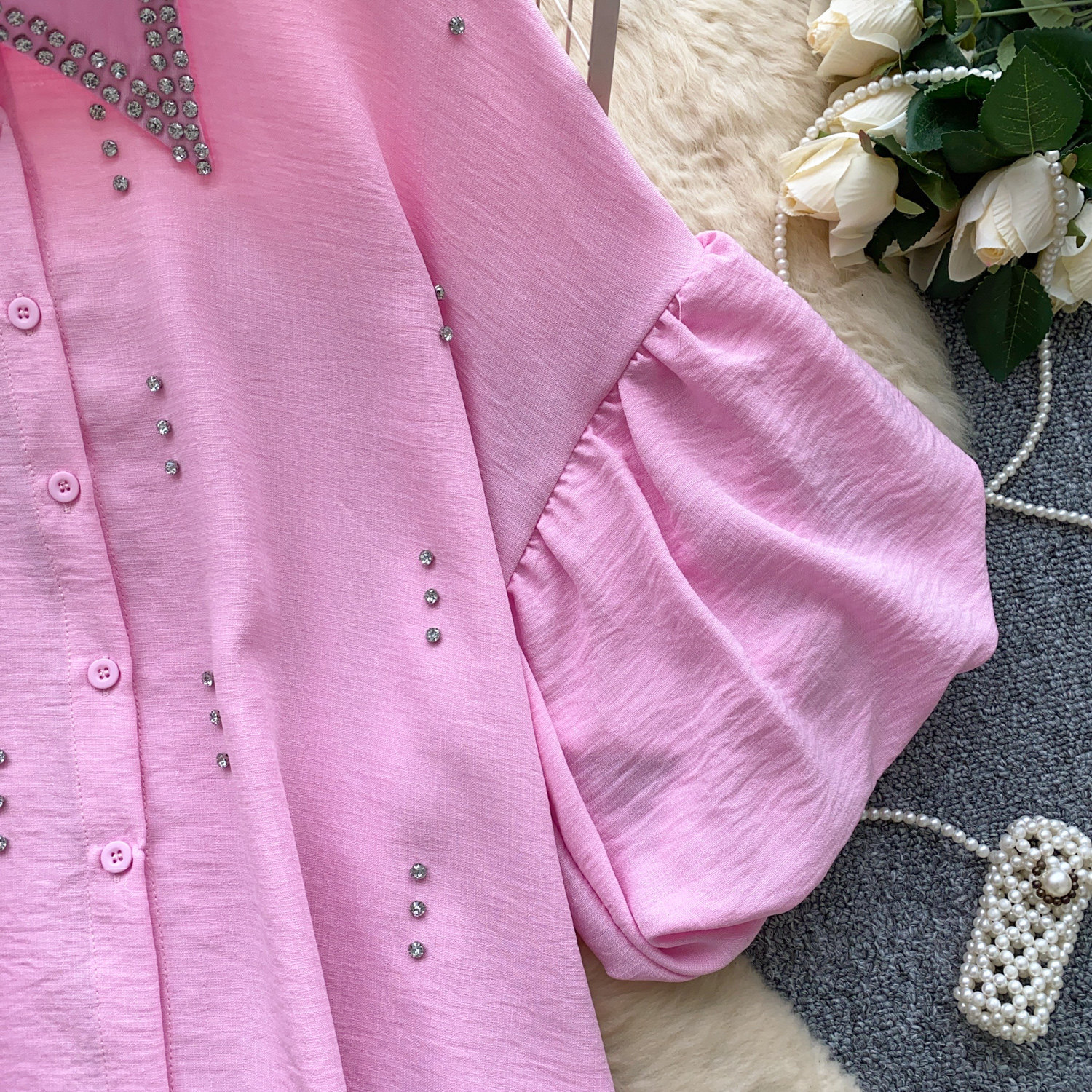 Women's French Style Rhinestone Blouse Summer Lantern Sleeve Cardigan Beaded Collar Loose Fit Versatile High End Top Heavy Duty_ecoleips.com