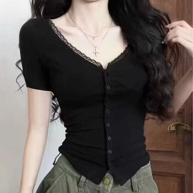 Pure Desire Style Sexy V-Neck Lace Patchwork Short-Sleeve T-Shirt for Women, 2026 Summer New Spicy Girl Slim-Fit Slimming Top