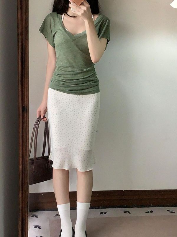 原版面料美式辣妹绿色V领正肩短袖T恤女夏修身显瘦收腰蝙蝠袖上衣|undefined