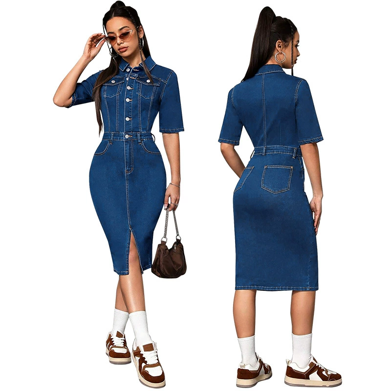 218521 Трансграничное женское новое джинсовое платье больших размеров с короткими рукавами и разрезом средней длины, источник фабрики
