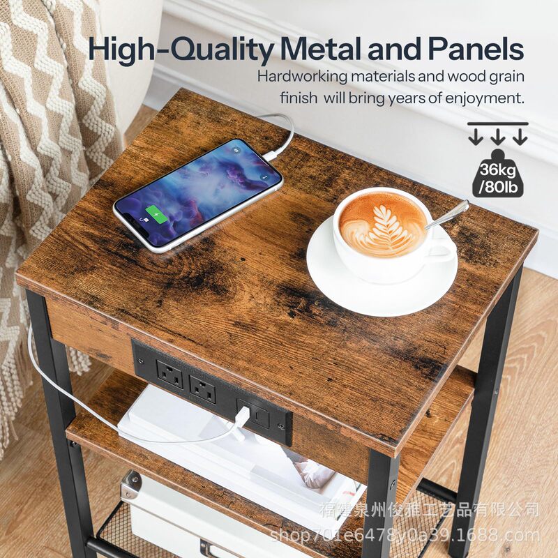 Wrought Iron Metal Wood Side Table with Charging Station and USB Port Small End Table Small Space 3-Tier Nightstand Shelf Storage