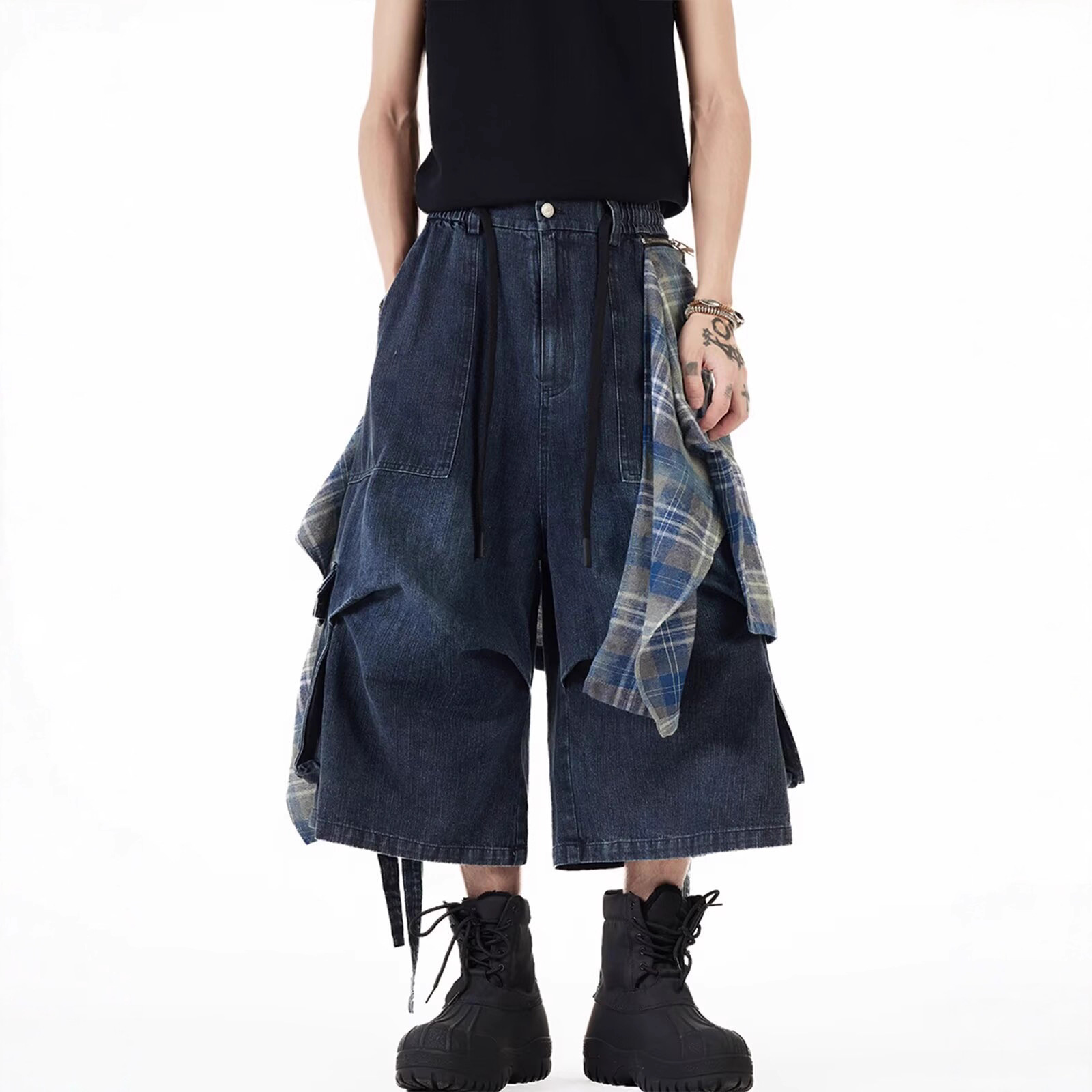Detachable Plaid Bib Pants for Men and Women, Summer American-Style Ribbon Cargo Denim Shorts, Loose Wide-Leg Cropped Pants