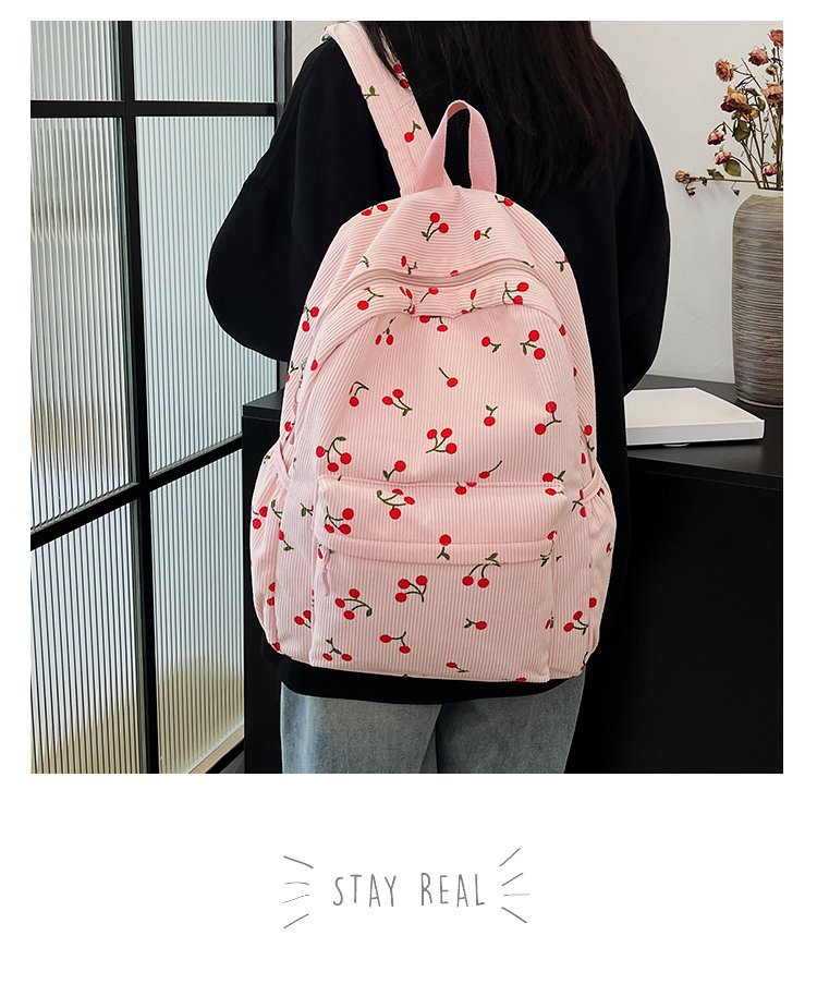 1197g Weight Polyester Lining Material Zipper Closure Type Double Shoulder Straps Strap Type Casual, School, Daily Occasion Corduroy Material Back To School Festival School Backpack Backpack Cherry Pattern All Seasons Season Women's Gender Cute Style Shell Shape Cherry Casual School Daily School Backpack 10