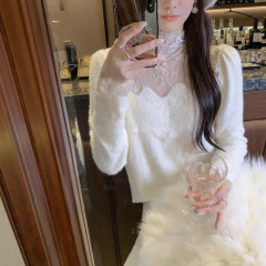 鱼兔子的兔子蕾丝拼接水貂毛毛衣女2025年秋冬白色上衣内搭打底衫