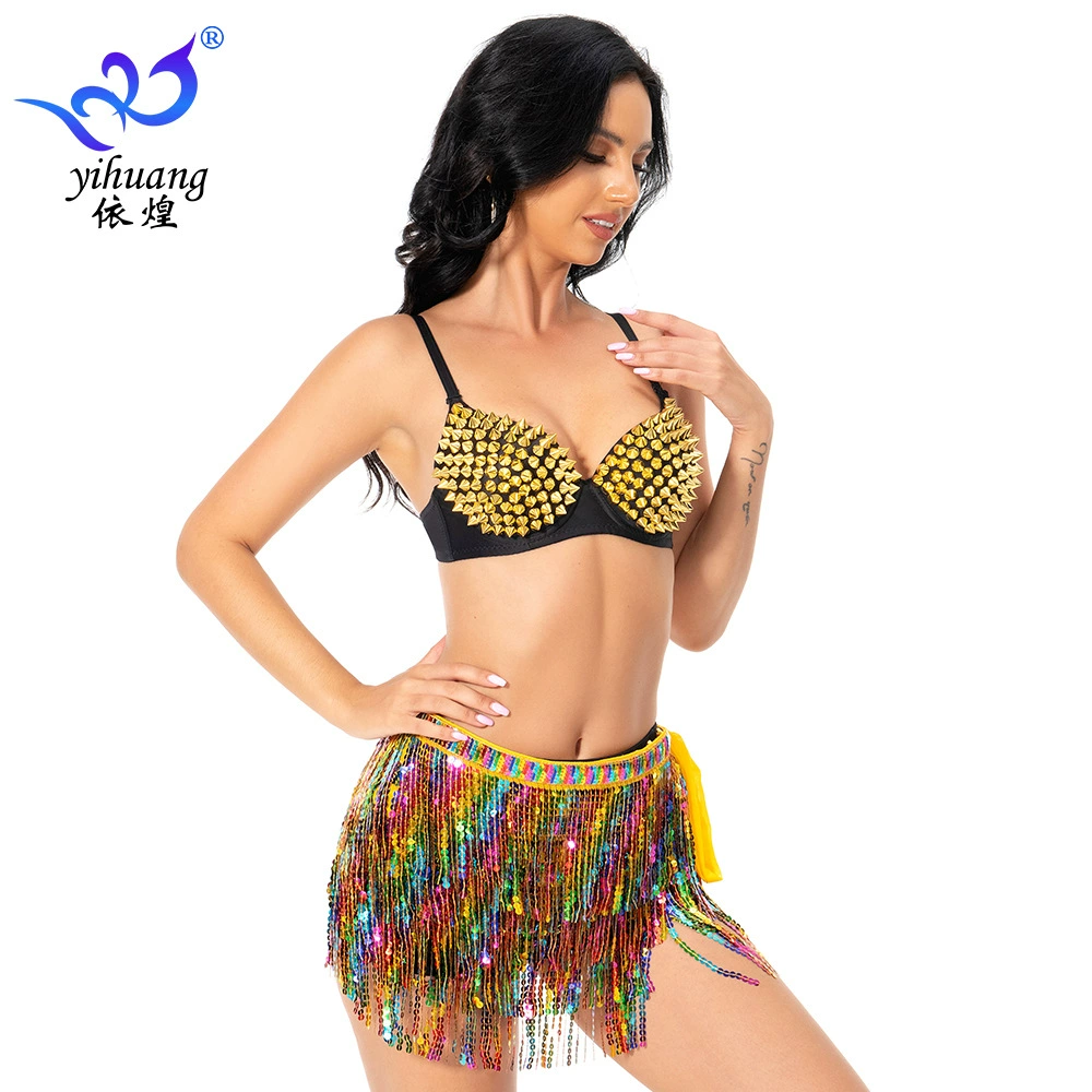 Костюм для танца живота Сексуальный Шипованный бюстгальтер Костюм для выступлений Персонаж Костюм для выступлений Раздельная юбка с кисточками Костюм для танцев