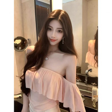 白色荷叶边一字肩针织衫女夏季独特别致超好看纯欲辣妹绝美小上衣
