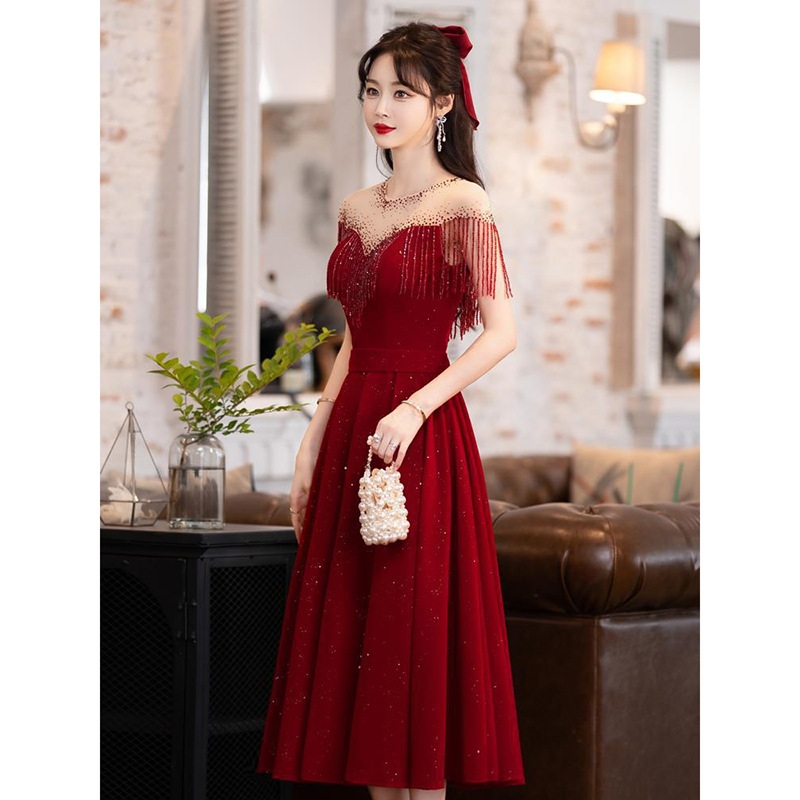 Vestido de novia color burdeos para primavera, para novias de talla pequeña, vestido de compromiso transfronterizo, vestido de noche para mujer.