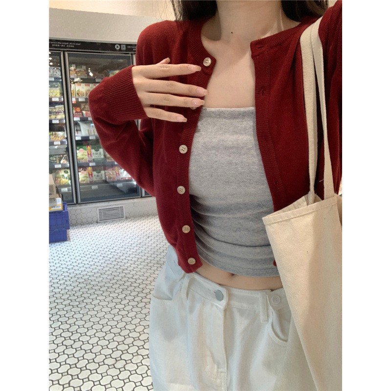 法式高级感红色薄款毛衣女2025春季开衫外套修身显瘦针织外搭上衣