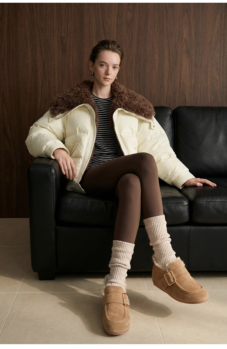 Giày lười nữ da nubuck lót lông mùa đông, đế mềm tăng chiều cao — màu đen chi tiết 8