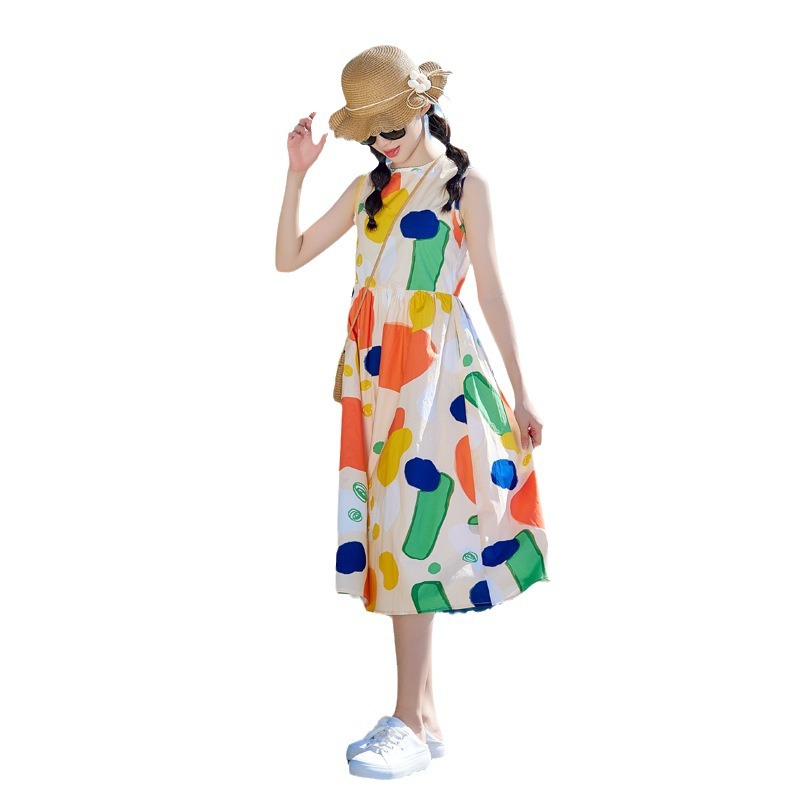 Corea del Sur ropa de los niños vestido las niñas falda graffiti 2024 verano nuevas niñas mayores de los niños sin mangas chaleco falda