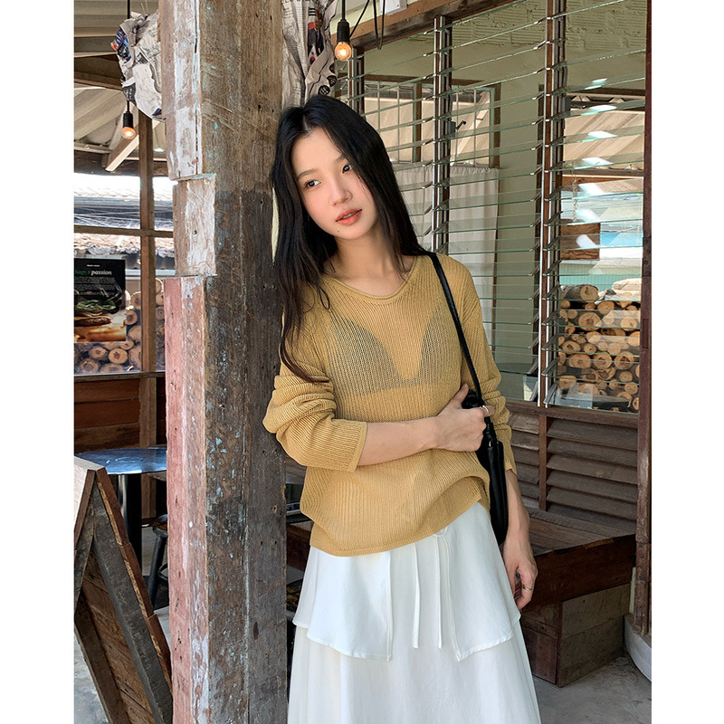 Evertrue2025 Spring Korean Style Linen Knitted Mid-Length Blouse Loose Long-Sleeved Top Women's 65594