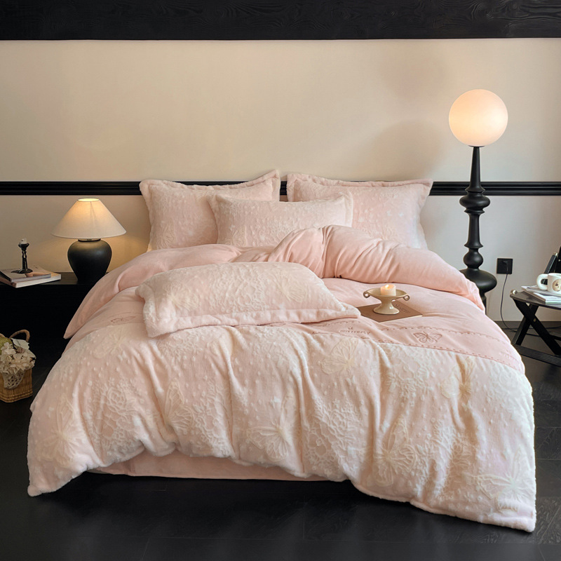 軽くて豪華なウサギのぬいぐるみのベッドの上の4つのセットの冬の保温の牛乳の絨毛のシーツの布団の両面のフランジサンゴの絨毛のベッドの用品