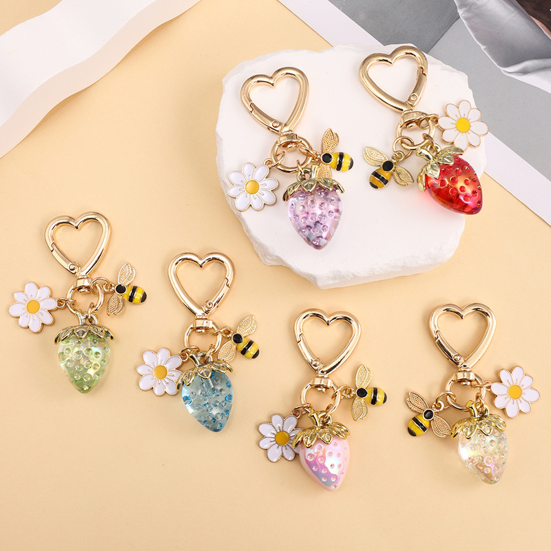 Christmas Strawberry Pendant, Acrylic Flower and Bee Decoration, Multiple Colors Available, Exquisite Bag Charm