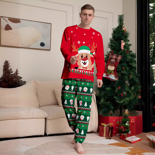Independent station cartoon letter deer snowman Christmas print Christmas parent-child suit set three people sleepwear