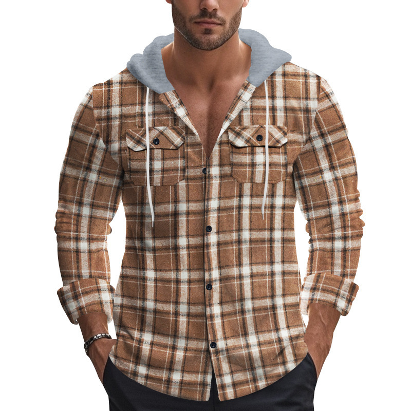 Cross-border American Retro Autumn and Winter Men's Plaid Shirt Hooded Flannel Jacquard Shirt Men's Trendy Casual Shirt Men's