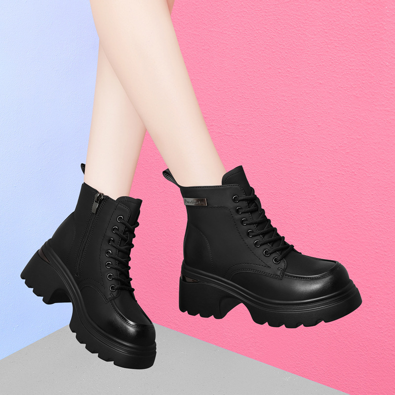 (Out of Stock, No Replacement) Black Martin Boots for Women, 2024 Spring, Autumn, and Winter New Style, Versatile for Petite Figures, Height-Increasing, Fleece-Lined