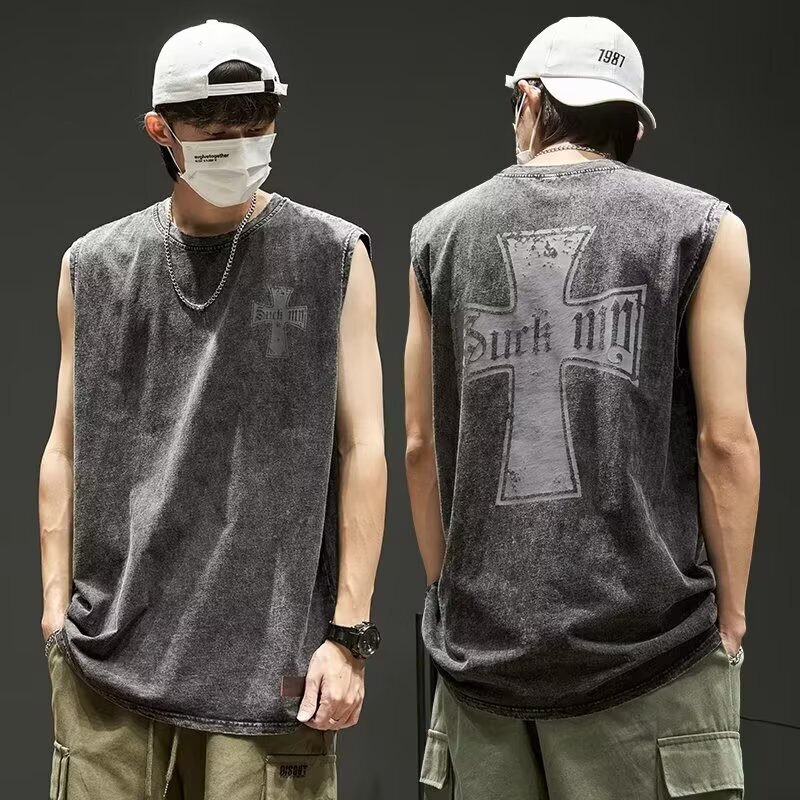 2025 Summer Export Source Brandless Men's Waistcoat Shirt High-End Milk Silk Distressed Trendy Fashion Vest