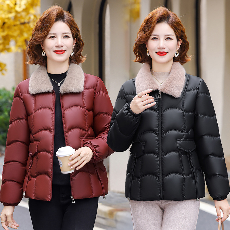 妈妈装冬装PU皮棉衣女加绒保暖中老年女装棉服外套时尚新款棉袄女