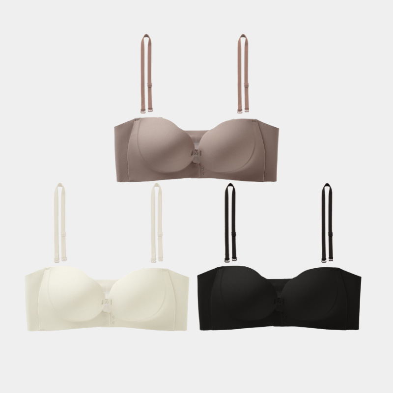 Big Orange Secret Women's Strapless Detachable Double Front Buckle Invisible Soft Support Push-Up Anti-Slip Two-Way Wear Bra
