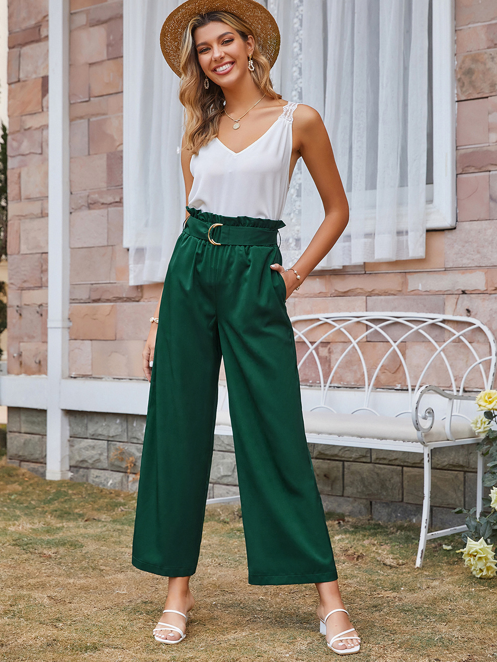 solid color casual pocket straight leg pants NSDF39252