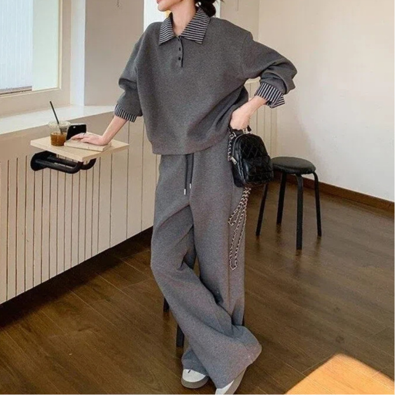 2025 Autumn and Winter New Fashion Suit Women's Gray Sweatshirt with High-Waisted Wide-Leg Pants Casual Sports Two-Piece Set