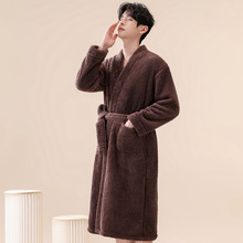 珊瑚绒睡袍男浴袍秋冬保暖中长款简约休闲居家晨袍法兰绒睡衣长袍