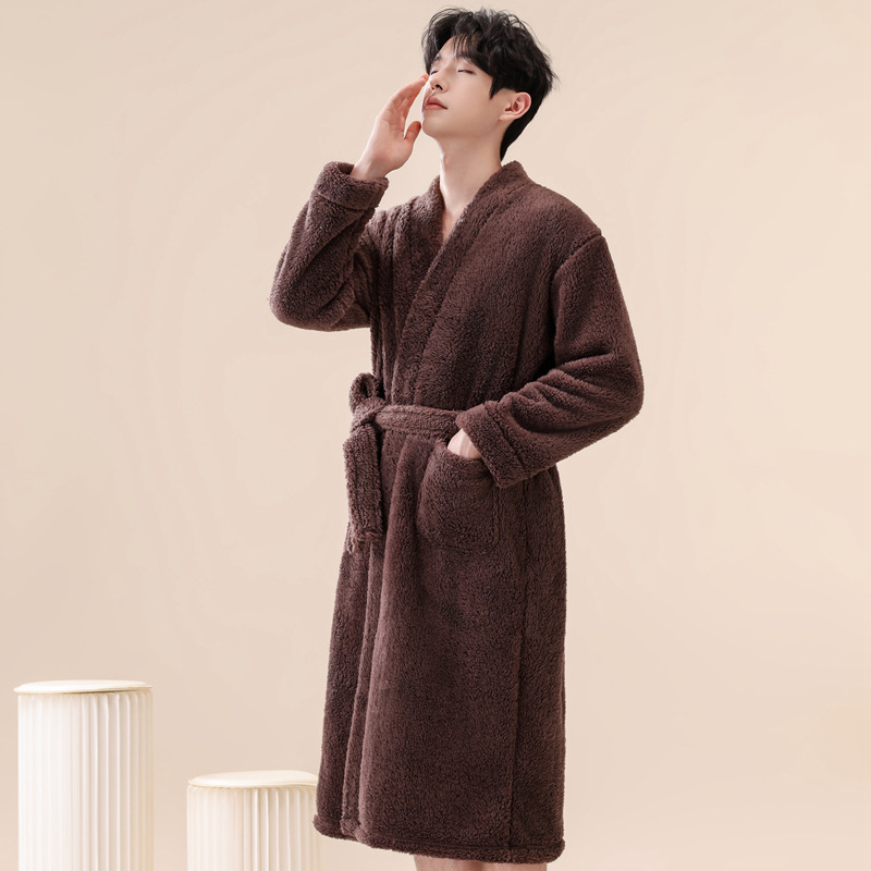 Coral Velvet Nightgown Men's Bathrobe Autumn and Winter Warm Mid-Length Simple Casual Home Dressing Gown Flannel Pajamas Robe
