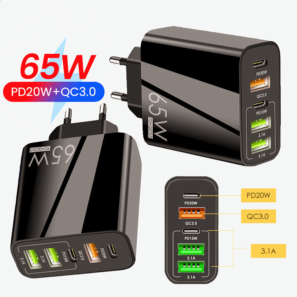Nuevo PD65W carga rápida cargador de teléfono móvil 5V4A europeo y americano británico PD + 3USB adaptador multi-Puerto Cabeza de carga