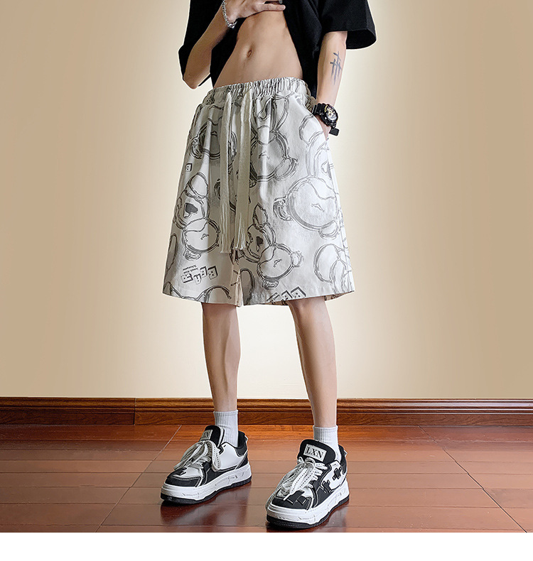 Men's Bear Print Drawstring Shorts, Loose Fit High Street Casual Shorts, Summer Streetwear Mid-Thigh Shorts_viptrois.com