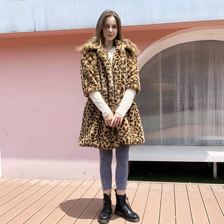 定制长款外套仿皮草毛绒大衣保暖宽松豹纹棉衣女欧美风气质通勤