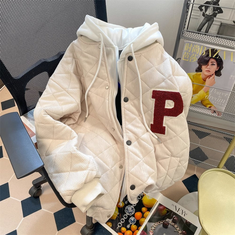[Quick to pick up the leak cotton-padded jacket special price] Autumn and winter thickened diamond lattice hooded cotton-padded jacket women's American baseball jacket