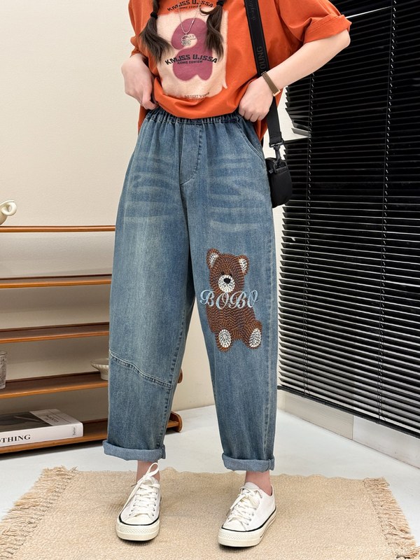 文学レトロ花刺繍ストレッチジーンズ女性の春夏の新しいルーズプラスサイズスリム多用途ハーレムパンツ|undefined