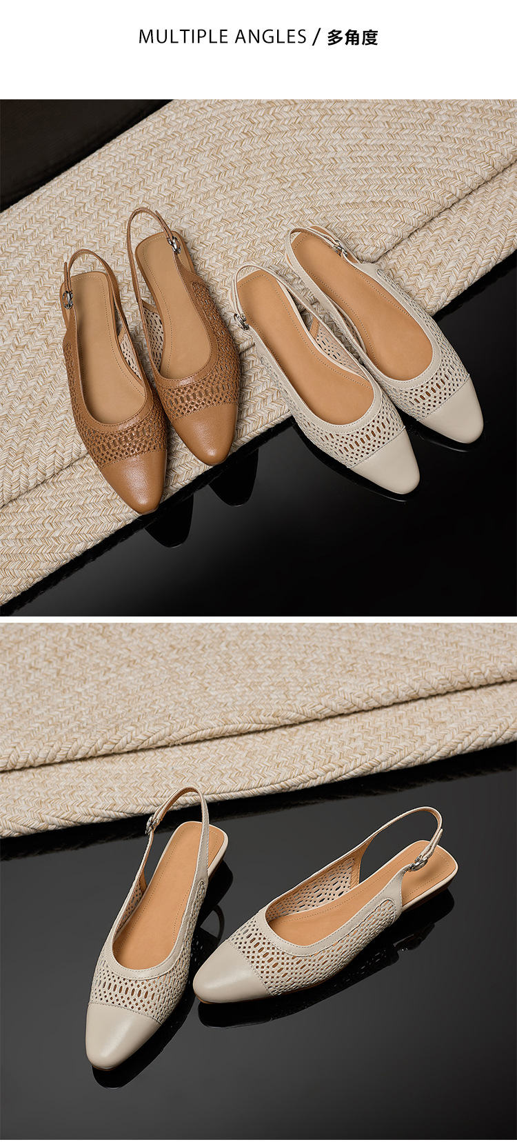Sandal nữ phong cách vintage mũi kín hở gót đế bệt — Màu caramel chi tiết 12