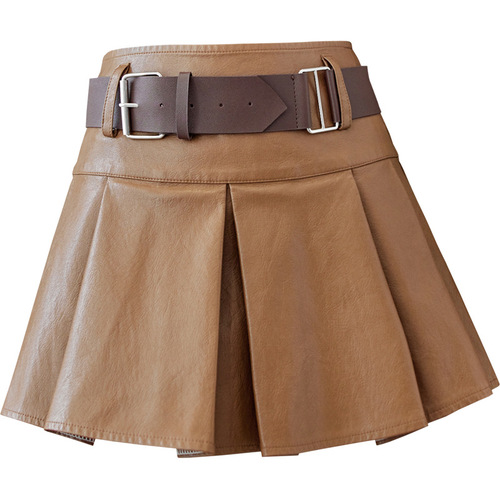 Brown black Leather pleated skirt for women girls restoring ancient ways PU leather mini skirt high waist spice the a-line skirts