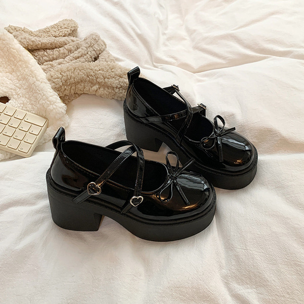 圆头厚底小皮鞋女2025年春季新款法式浅口玛丽珍鞋粗跟蝴蝶结单鞋